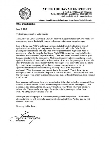 Ateneo De Davao University Letter to Cebu Pacific
