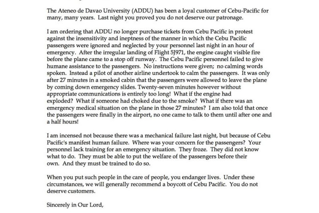Ateneo De Davao University Letter to Cebu Pacific